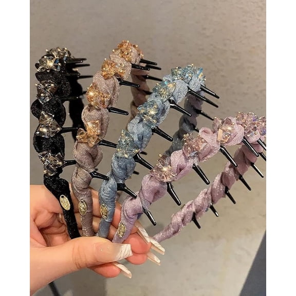 Rhinestone Headband with Teeth for Women - Reversible High Cranium Headband, Elegant Rhinestone Wave Hair Hoop with Non Slip Comb for Bridal, Birthday, Holiday