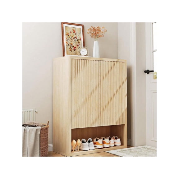44.5" Tall Fluted Shoe Cabinet With Doors, Large Wooden 5-Tier Shoe Storage Cabinet With Adjustable Shelves, Modern Freestanding Shoe Rack Organizer For Entryway, Hallway- Natural Oak Fluted Shoe Ca