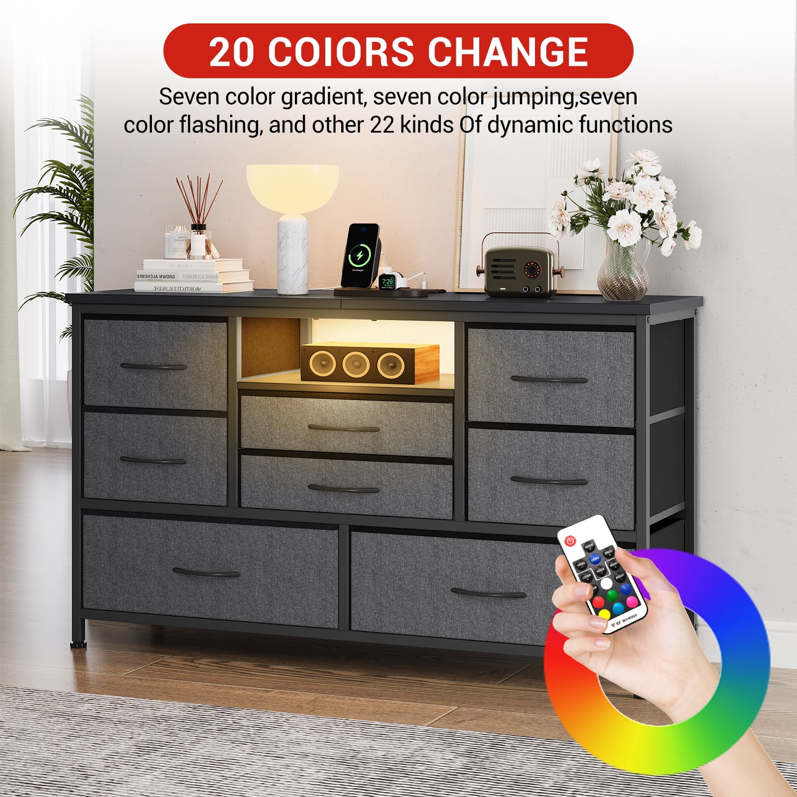 KOKEBREN 47.4"Wide Dressers for Bedroom 8 Fabric Drawers Dresser with LED lights & Power Outlet TV Stand for 55" TV,Gray