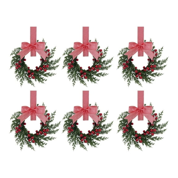 6Pcs Mini Christmas Wreaths for Cabinets, Small Wreaths for Kitchen Cabinet with Buffalo Plaid Bow Ribbon Cedar Artificial Red Berries for Xmas Window Door Window Fireplace Table Farmhouse Decor