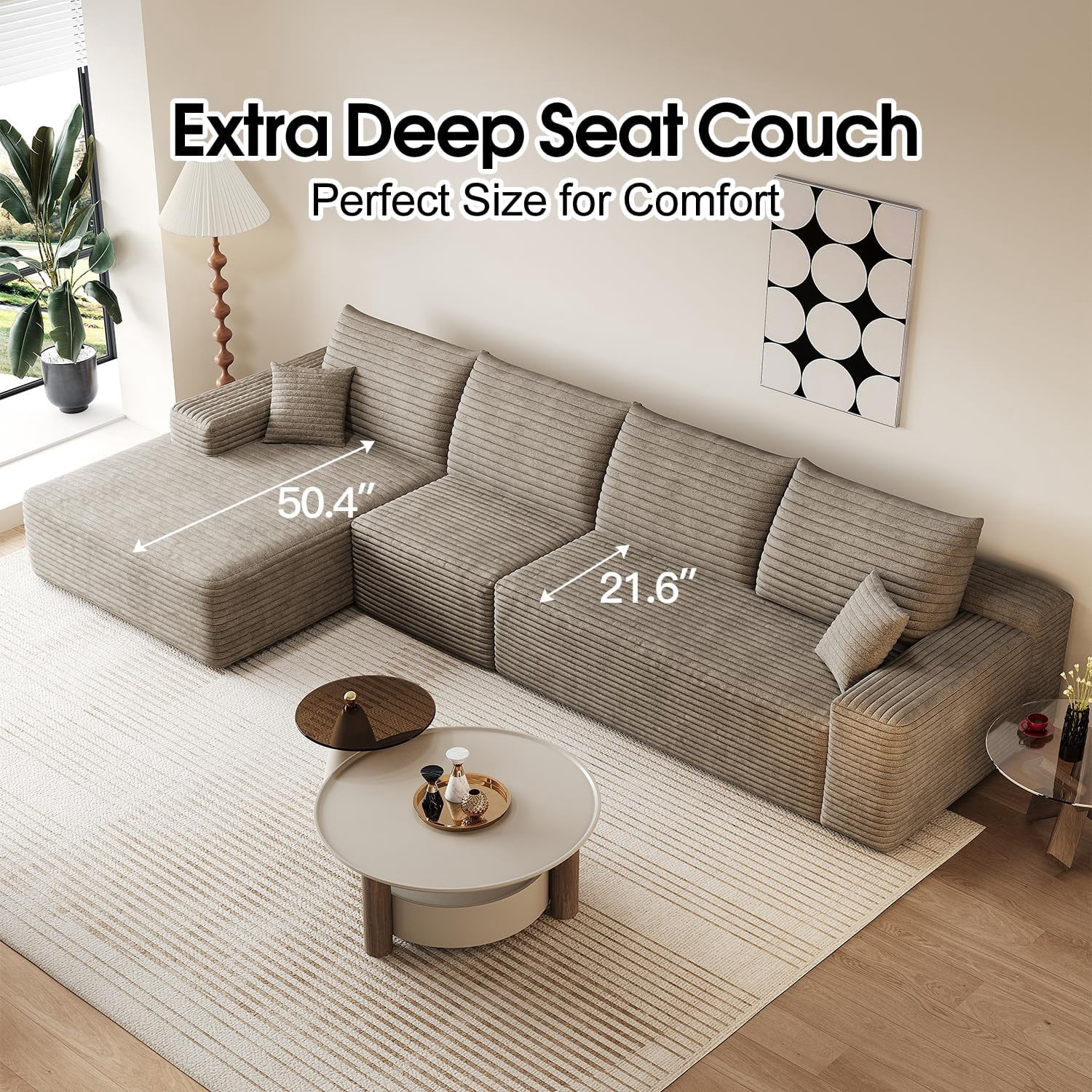 Sailvan 135" Cloud Sectional Couch, Cloudy Sofa with L-Shape Chaise, Upholstered Couches for Living Room & Bedroom, No Assembly Required, Plush Corduroy Fabric, Camel