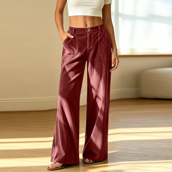 Bzdzmqm Women's Corduroy Wide Leg High Waisted Pants with Pockets Loose Casual Long Trousers Streetwear Office Basic Lounge Bottoms, Wine M