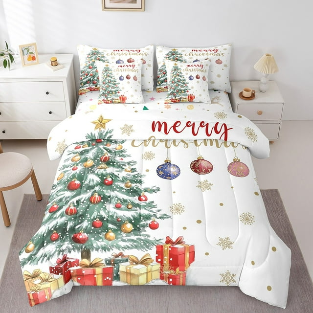 7Pcs Christmas Tree Kids Bedding Set for Boys,King Size Comforter Set with Sheets and Pillowcase,7Pcs Bed in a Bag Merry Christmas Children Bed Set,Xmas Comforter