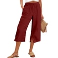 thumbnail image 3 of Side Slit Capris for Women Summer Wide Leg Pants Beach Casual Elastiv Wasited Trousers with Pockets Wine L, 3 of 5