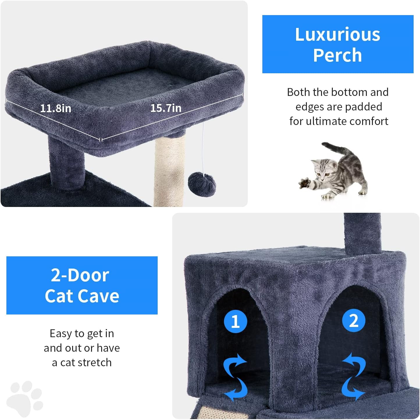 Dkelincs 36 inch Cat Tree Tower with Scratching Post & Dual Condos, Multi-Level Cat Furniture Condo Kittens House with Ramp, Perch & Hanging Ball, Dark Gray