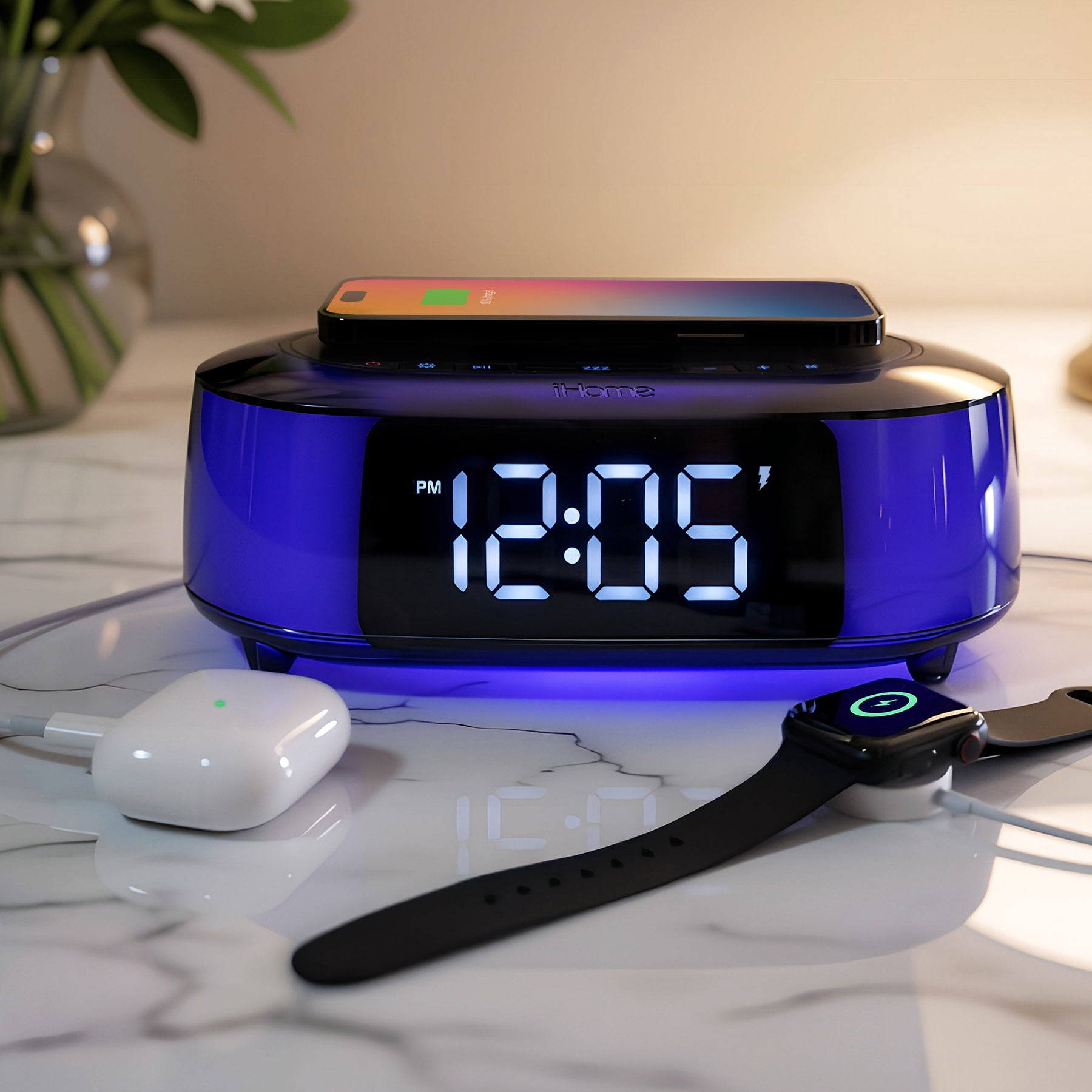 iHome Alarm Clock Radio with Wireless Charger, Bluetooth Speaker, and 2 USB Chargers (iBTW282)