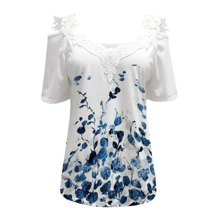 

Simplmasygenix Women Tops Summer Clearance Women s Casual Off The Shoulder Lace Regular Fit Short Sleeve Tops V-Neck Shirt Tops