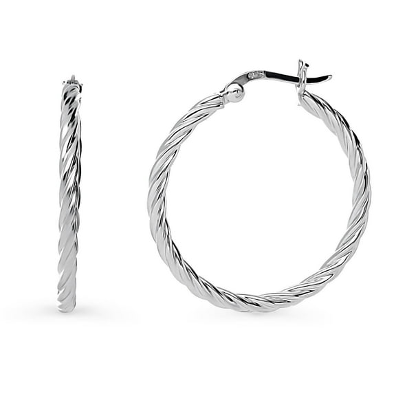 BERRICLE Sterling Silver Cable Medium Fashion Hoop Earrings for Women 1.2 inch, Rhodium Plated