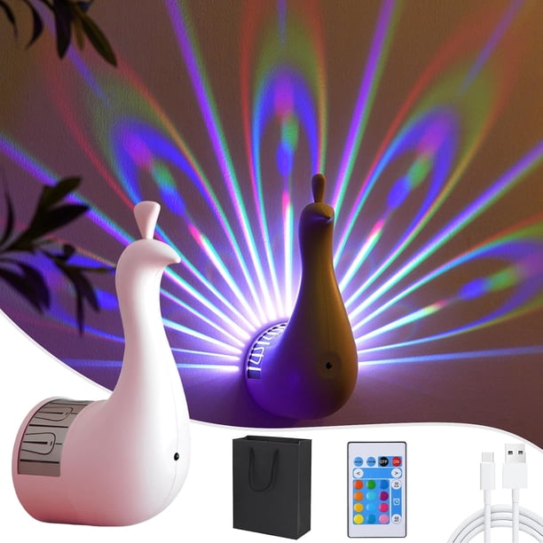 Peacock - Lámpara de pared con mando a distancia, 7 colores LED de proyección, luz nocturna de pavo real recargable por USB, para recámara y decoración del hogar, iluminación decorativa moderna para