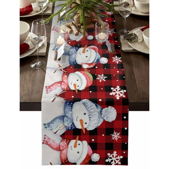 Table Runner Dresser Scarves 70 Inch Long, Christmas Cute Snowman Snowflake Linen Dining Table Runners Classic Black Red Buffalo Tabletop Scarf for Wedding Holiday Party Kitchen