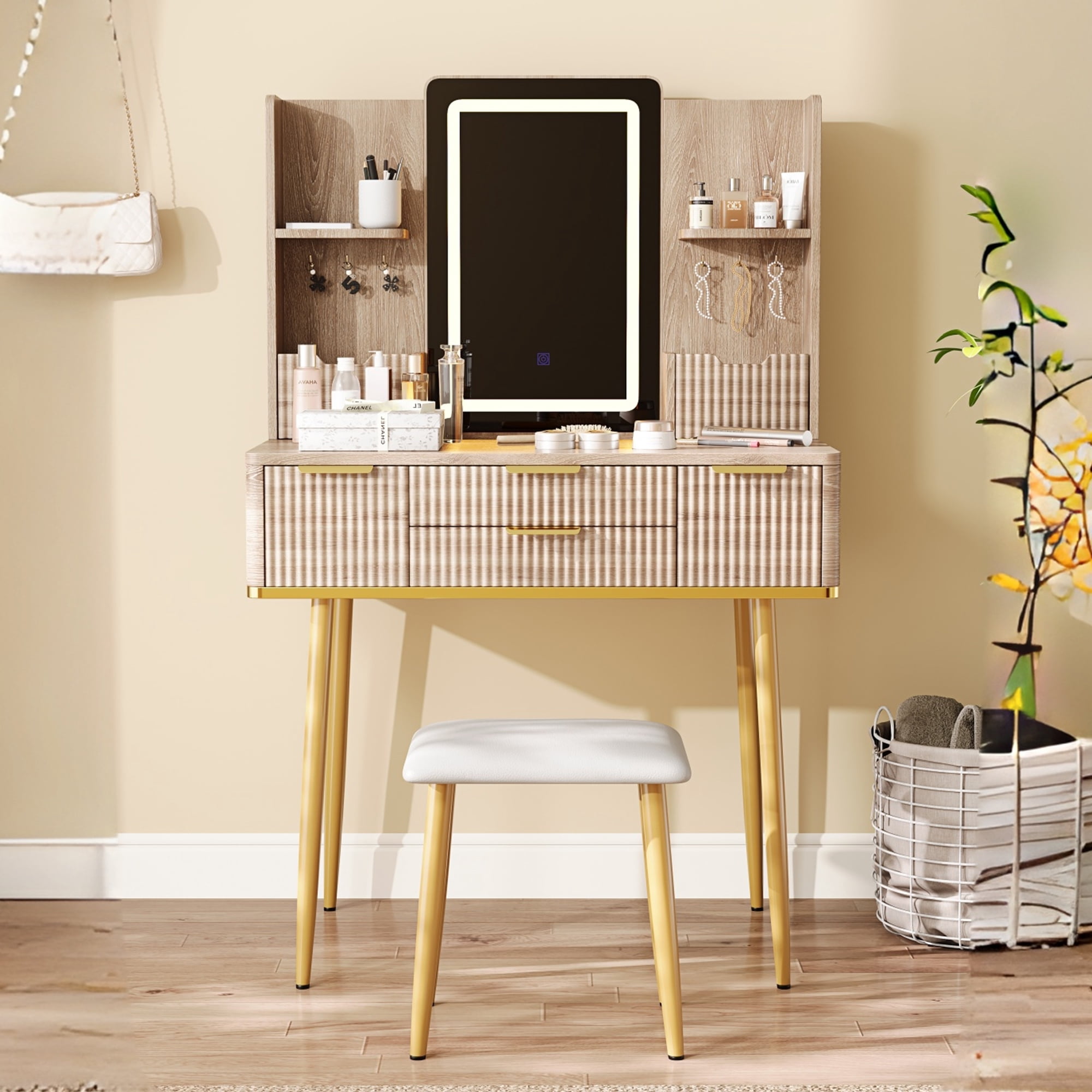 4-Drawer Vanity Desk with LED Mirror and Stool, Fluted Makeup Table with Metal Legs, Yellow Brown