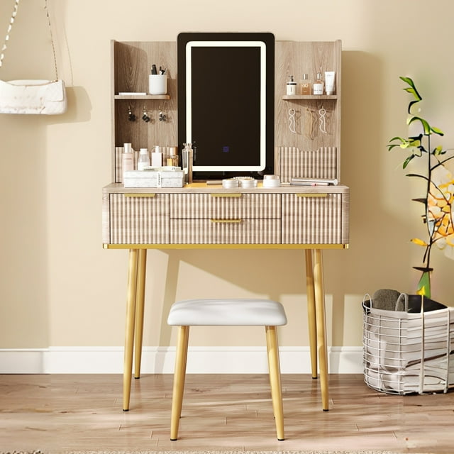 Newest 4-Drawer Vanity Desk with LED Mirror & Carved Details, Fluted Makeup Table with Metal Legs and PU Stool, Carved Dressing Table with Jewelry Storage for Bedroom