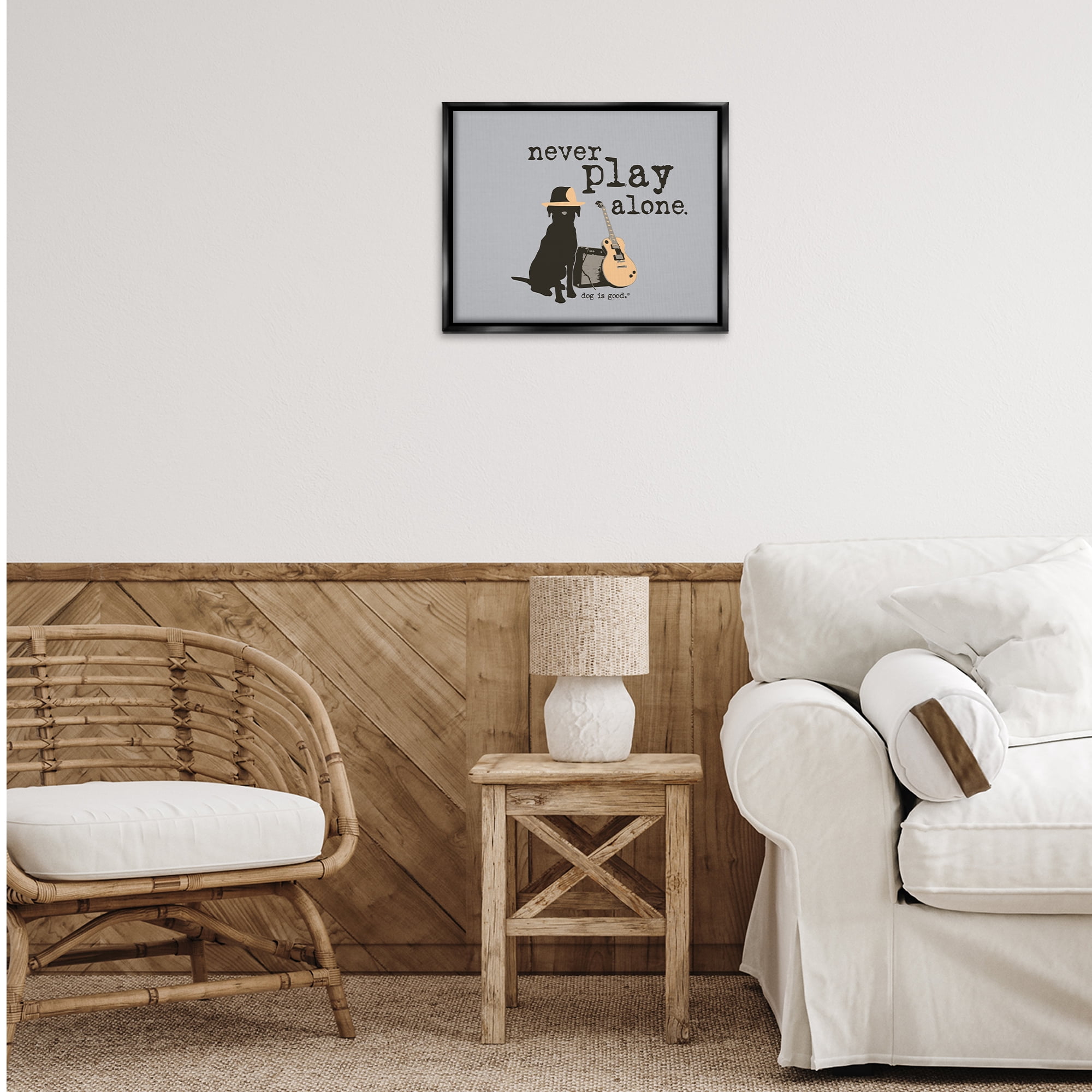 Stupell Industries Never Play Alone with Dog Animals Painting Black Floater Framed Canvas Art Print Wall Art, 21 x 17