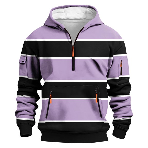 Fmbrln Men's Fashion Striped Hoodie Fall Winter Long Sleeve Half Zip Hooded Sweatshirt Pullover Tops with Pockets Purple XL