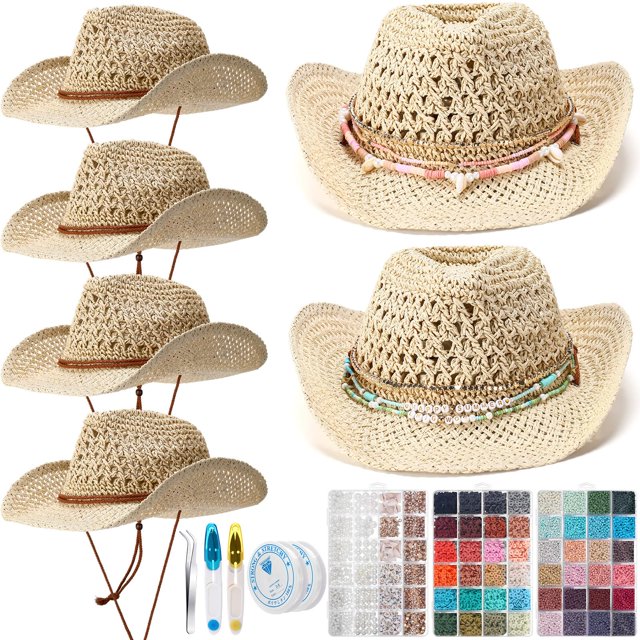 Juego de 6 sombreros de paja con cuentas para vaqueras costeras de Hercicy