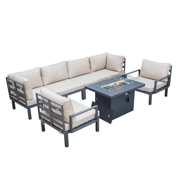 LeisureMod Hamilton Modern 7-Peice Modular Outdoor Sectional Aluminum Patio Conversation Set with Fire Pit Table & Beige Cushions