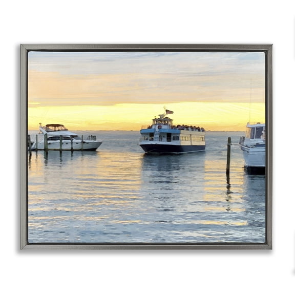 Stupell Industries Contemporary Ferry Boat Sunlit Sea Harbor Gray Floating Frame Canvas Art, 21 x 17, by Jeff Pica