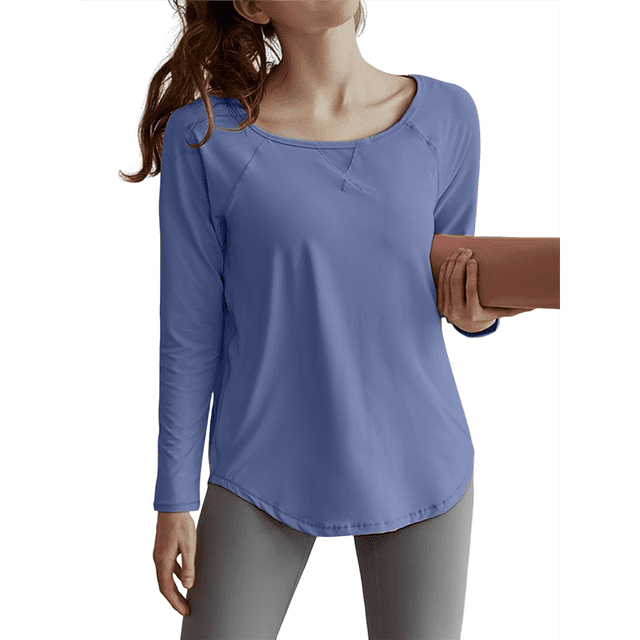 Long Sleeve Workout Tops for Women Athletic UPF 50+ Sun Rash Guard Shirts Running Gym Quick Dry Clothes Blue & M