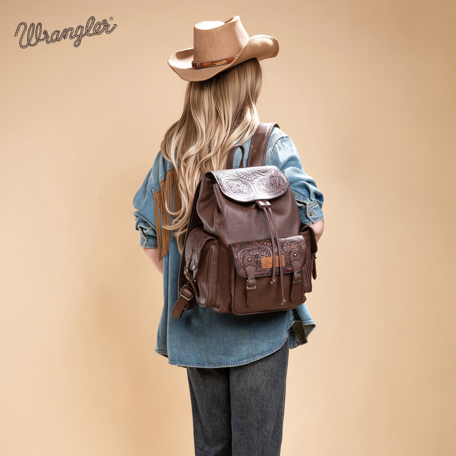 Wrangler Backpack Purse for Women Men Floral Tooled Designer Travel Bags, Cofffee