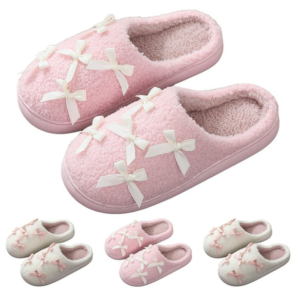 Dakaela Cute Slippers for Womens Mens Plush Winter Warm Slip on House Shoes Bow Fluffy Fuzzy Indoor Outdoor Slides Pink 5.5