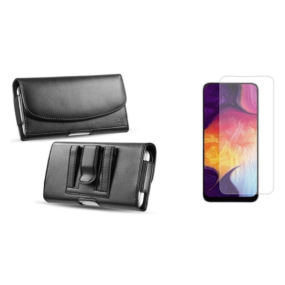 Holster and Screen Protector Bundle for TCL Stylus 5G: Professional PU Leather Belt Pouch Case (Black) and (2-Pack) Tempered Glass Shield