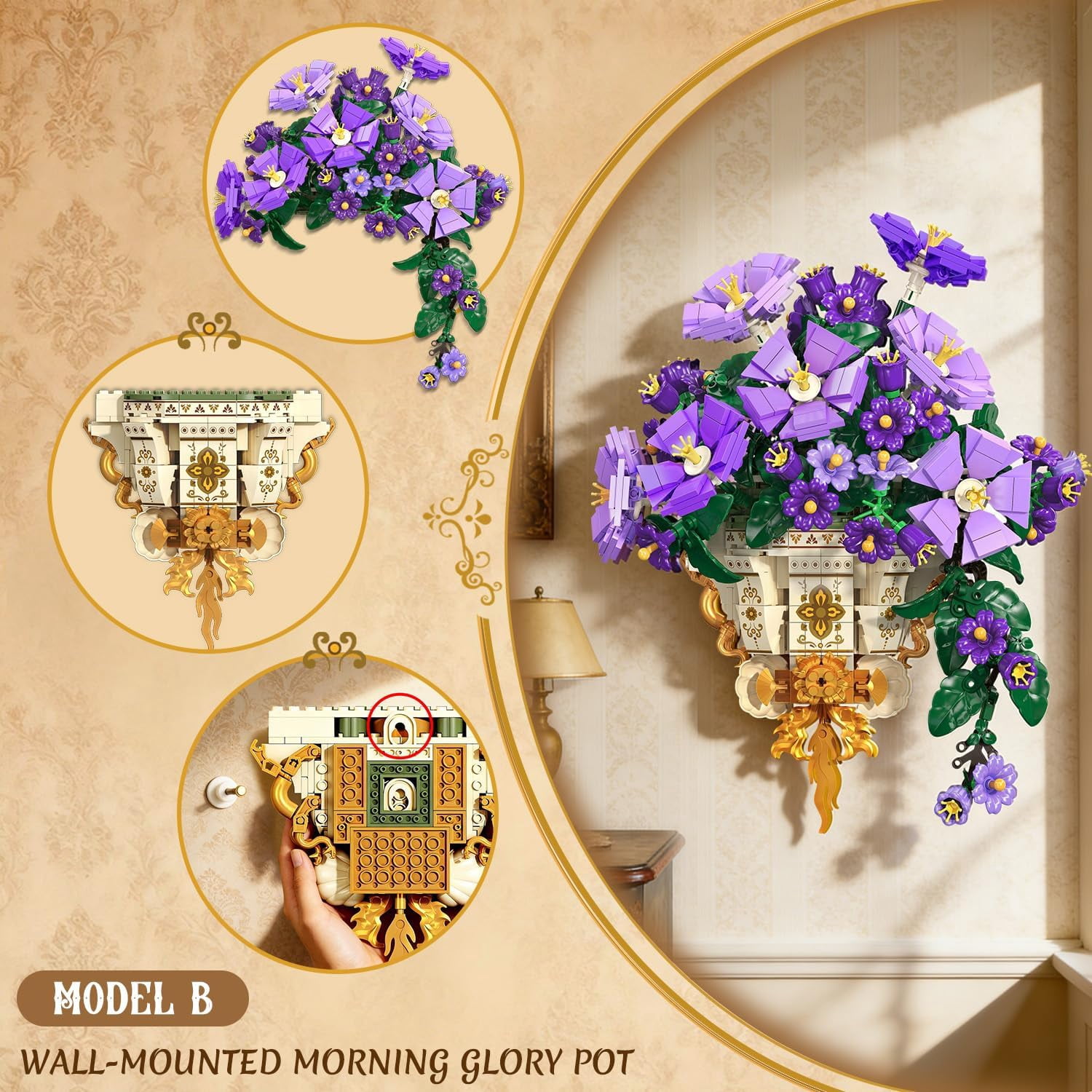 TERRAMUS Morning Glory Bouquet Building Set with Wall Mount, 1136 PCS Artificial Flower Blocks, 2-in-1 Desk Wall Display Construction Toy for Ages 12+