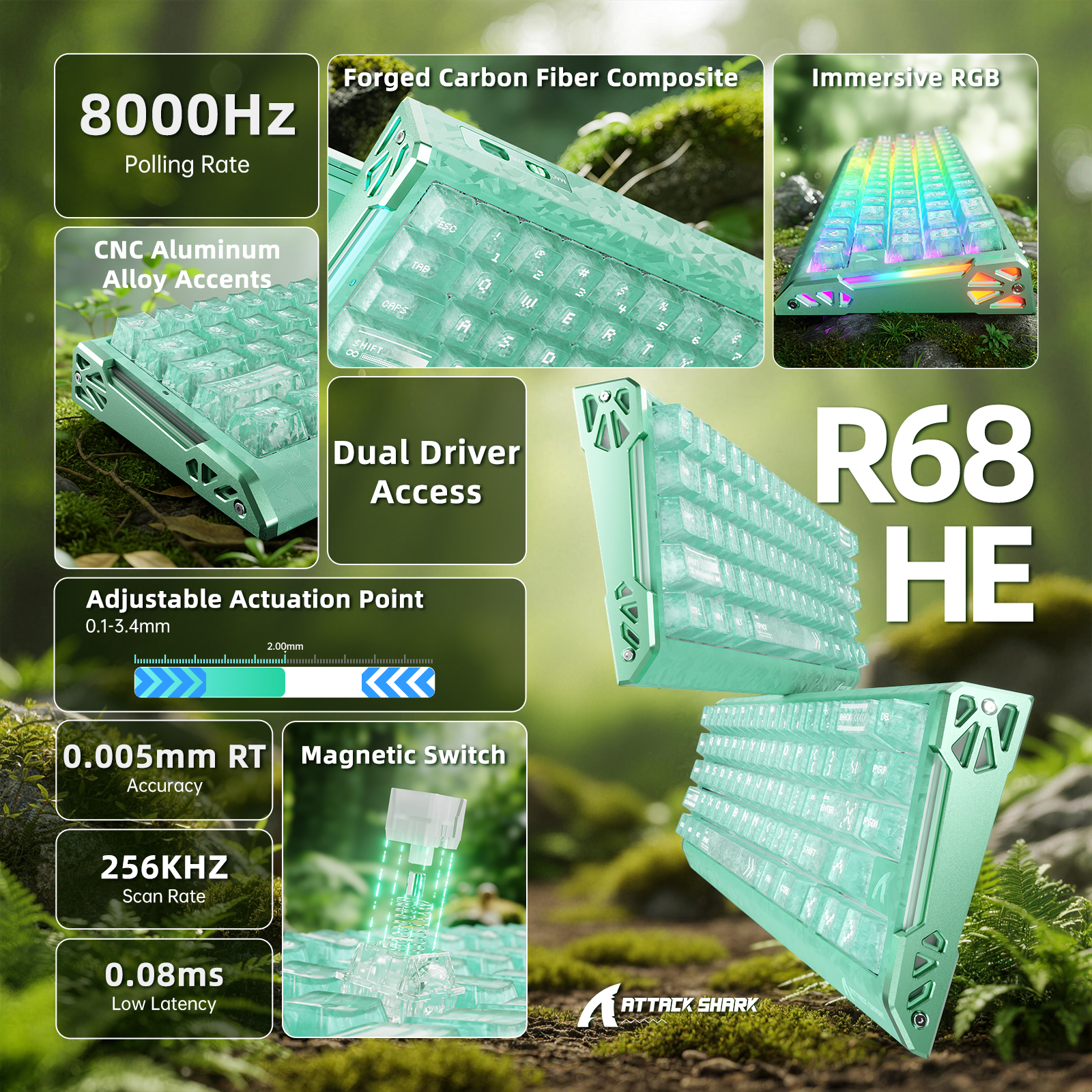 ATTACK SHARK R68 HE 60% Wired RGB Gaming Keyboard, Hall Effect Magnetic Switches, 8000Hz Polling Rate, Rapid Trigger, PC/Mac Compatible, Green