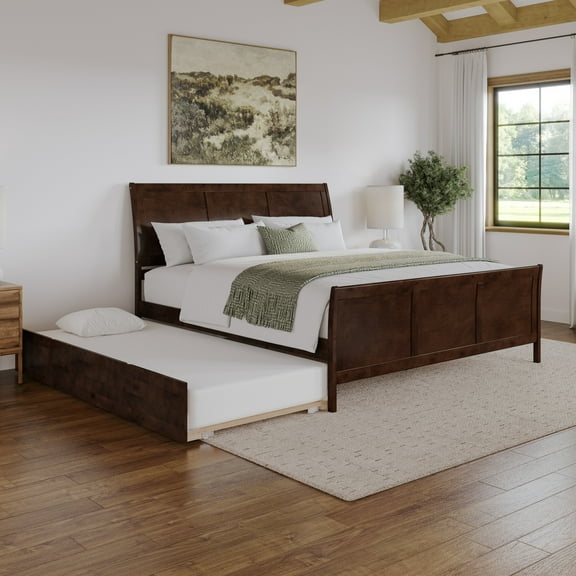 Portland King Wood Platform Bed with Footboard & Twin XL Trundle in Walnut