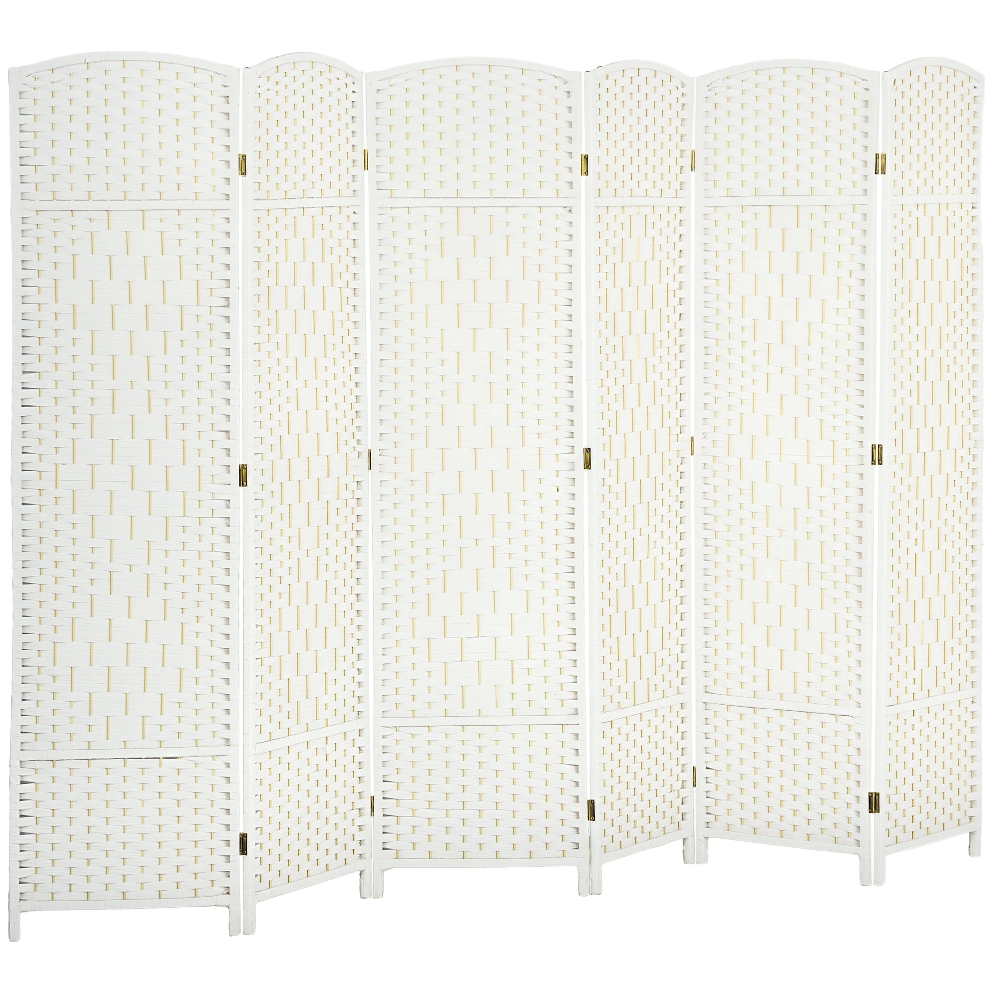 HOMCOM 6 Panel Room Divider, 6' Tall Folding Privacy Screen, Hand-Woven Freestanding Wood Partition for Home Office, Bedroom, White