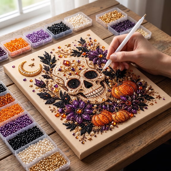 Halloween Ghost Pearl Art DIY Kit, DIY 3D Pearl Diamond Painting Artwork Supplies for Adults, Spooky Cute Ghost Theme Fall Wall Decor, Creative Gift Idea for Halloween Party
