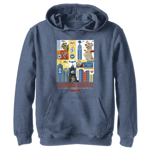 Boy's DC League of Super-Pets Super Powered Pack Panels  Pull Over Hoodie Navy Blue Heather Large