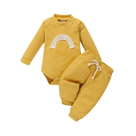 

Qtinghua Newborn Infant Baby Boy Girl Rainbow Print Waffle Button Long Sleeve Romper Tops Drawstring Pants Outfits Yellow 9-12 Months