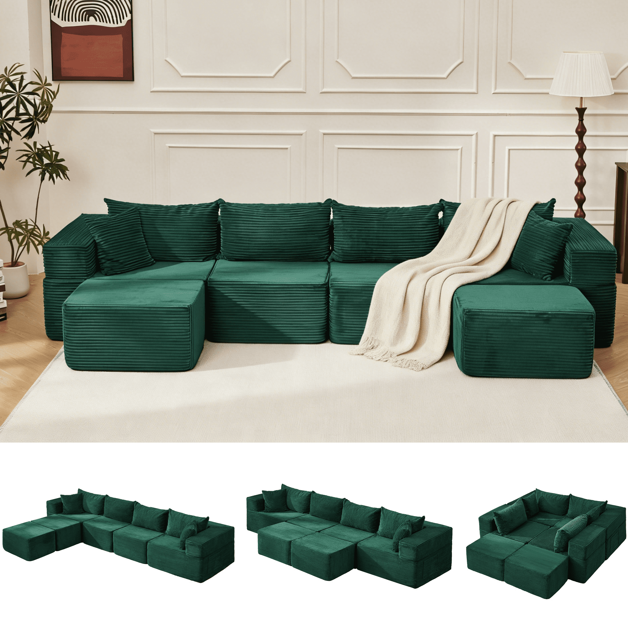 Vicluke 131" Boneless Memory Foam Sofa with 2 Ottomans, Comfy Corduroy Fabric Modular Sectional Couch, U-Shaped Sofa for Living Room & Apartment, No Assembly Required (Green)