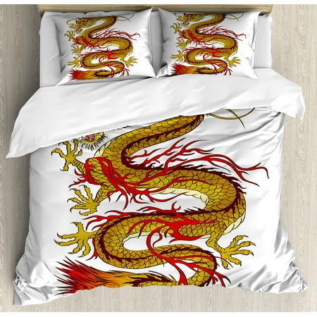 Japanese Dragon Duvet Cover Set Mythical Fantastic Figure Fiery