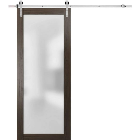 Sturdy Barn Door Frosted Tempered Glass | Planum 2102 Chocolate Ash | 6.6FT Silver Rail Hangers Heavy Hardware Set | Modern Solid Panel Interior Doors-36" x 96"-Silver Rail