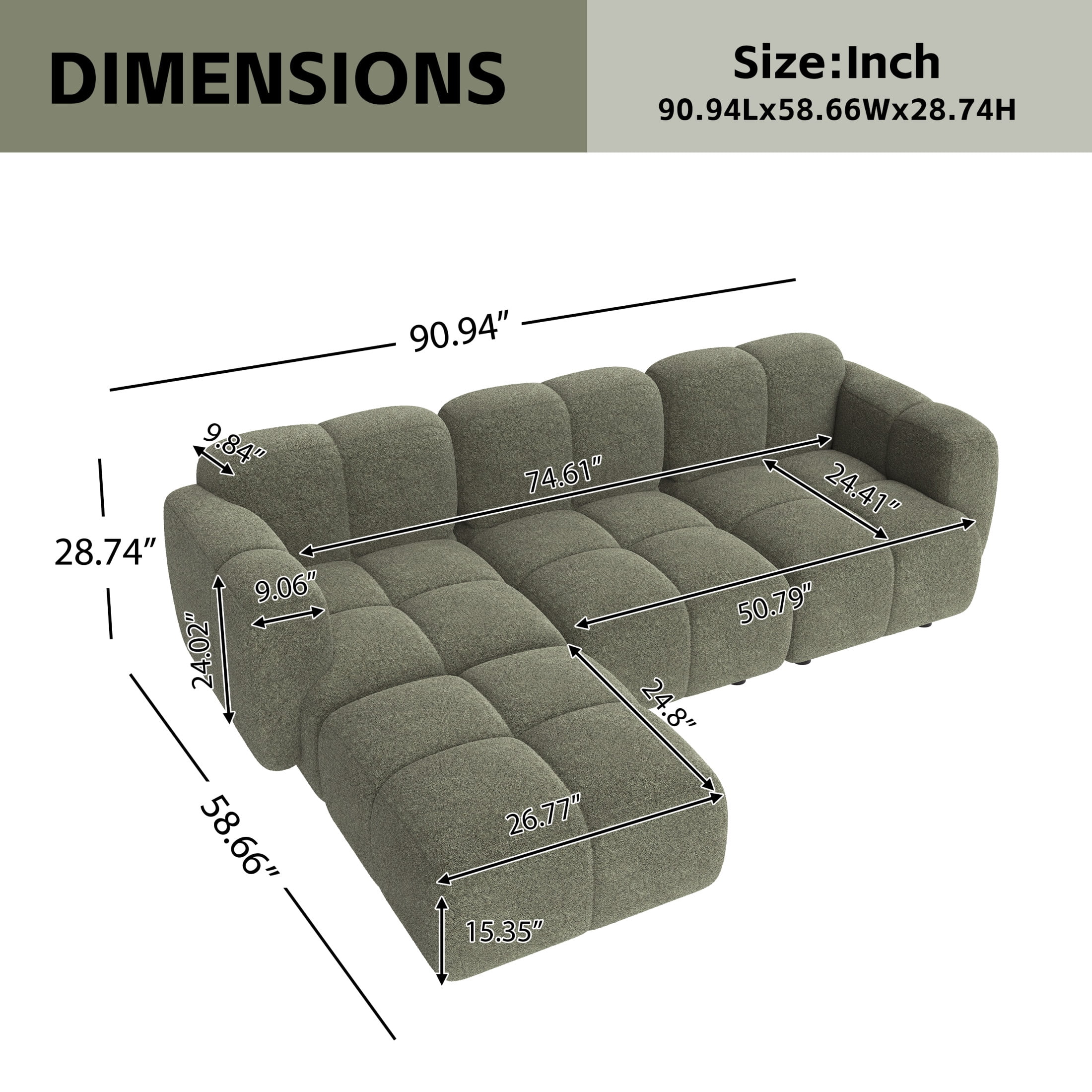 Christopher Knight Home 91" L-Shaped Sectional Sofa with Ottoman, Cushion Block Design, Olive Green