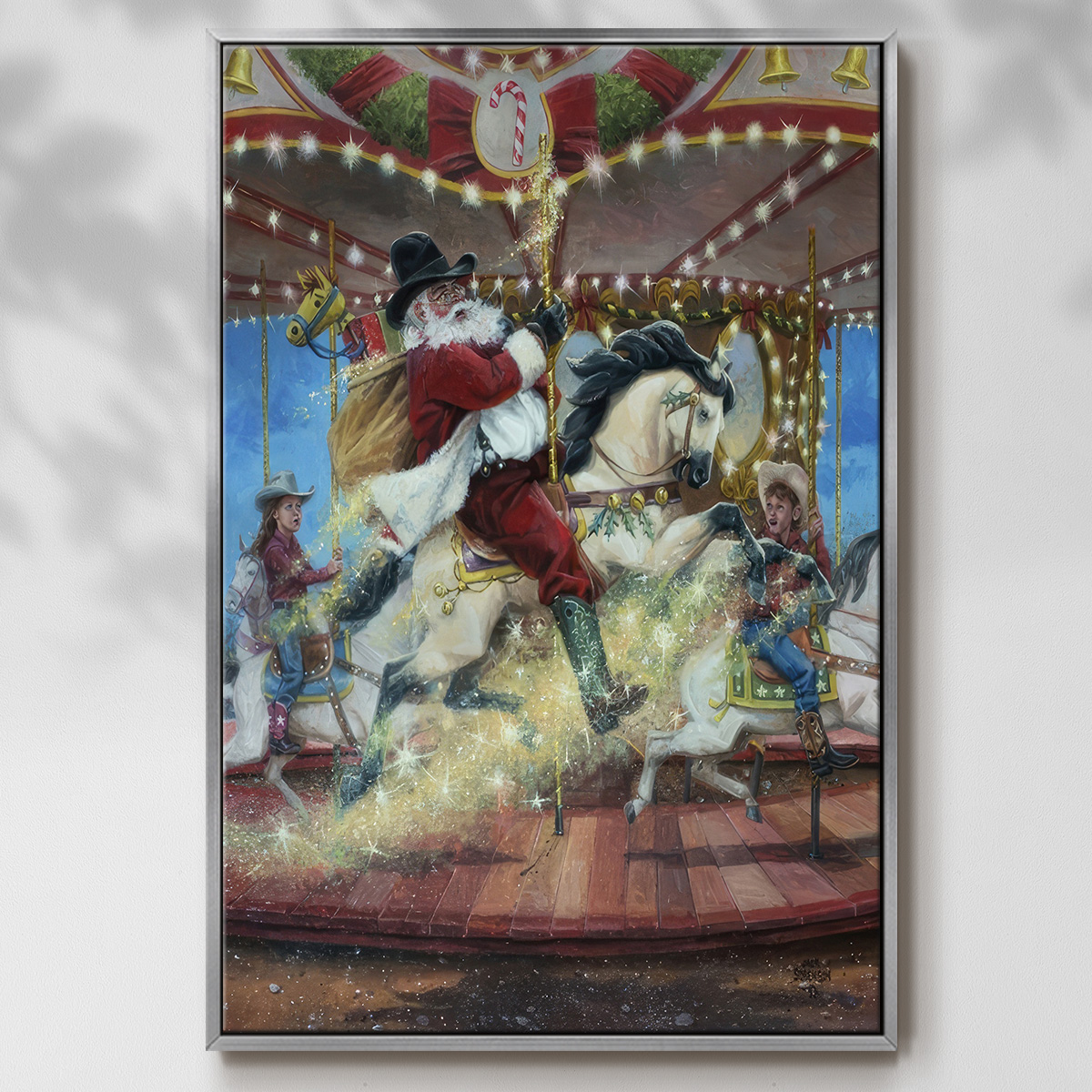 Merry Go Round - Framed Gallery Wrapped Holiday Canvas - 27 x 41 - Silver Frame