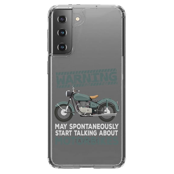 DistinctInk Clear Shockproof Hybrid Case for Galaxy S21 5G (6.2" Screen) - TPU Bumper Acrylic Back Tempered Glass Screen Protector - Spontaneously Talking About Motorcycles