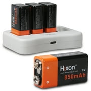 Hixon 9V Batteries 4 Pack 850mAh 6F22 Rechargeable 9V Lithium Batteries with 4 Bay Charger