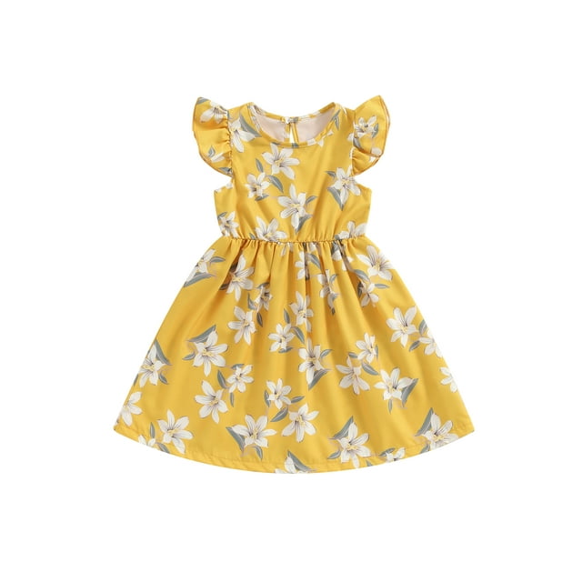 EYIIYE Robe Midi d'Été pour Petite Fille 1T-8T, Robe Trapèze à Manches Volantées pour Tout-Petit, Imprimé Floral, Col Rond, Robe Décontractée, Col Rond, Robe de Princesse à Fleurs pour Fête, Mode pour Enfants, Vêtements Mignons pour les Vacances