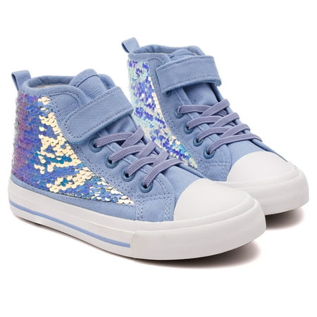 

Little Girls Kids Canvas Shoes Sneakers for Toddler Boys Color Change Flipping Sequins Glimmer Glitter Sparkle Lace Up High Top Hook and Loop Straps Non Slip Lightweight Casual Blue Size 9