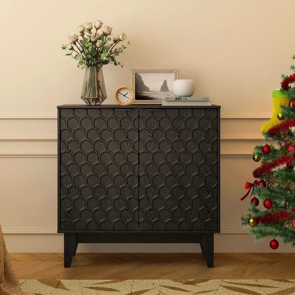 DAELIFKER BLACK Sideboard Buffet Cabinet with LED Lights, 31.5” Fluted Storage Cabinet with 2 Doors, Mid Century Modern Accent Console for Kitchen Living Room