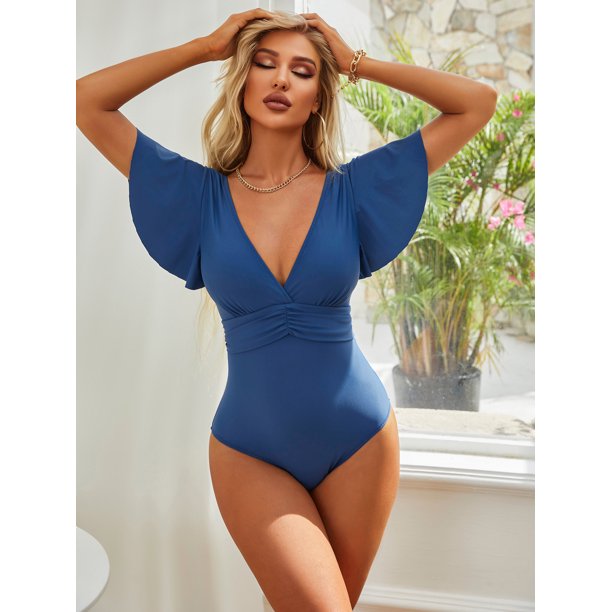 Charmo Womens V Neck One Piece Bathing Suits Short Flare Sleeve Backless Monokini Swimsuits