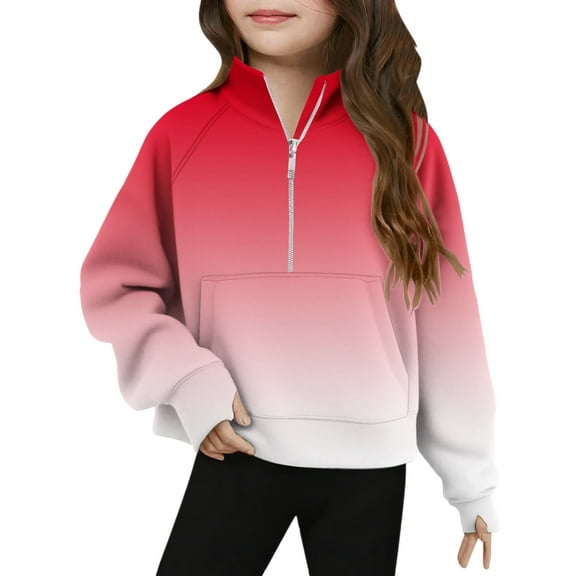 UAMVSH Gradient Girls Boys Sweatshirts Trendy Half Zip Long Sleeve Stand Collar Fleece Pullover Tops with Thumb Holes Unisex Clothes(13-14Years,Red 3)