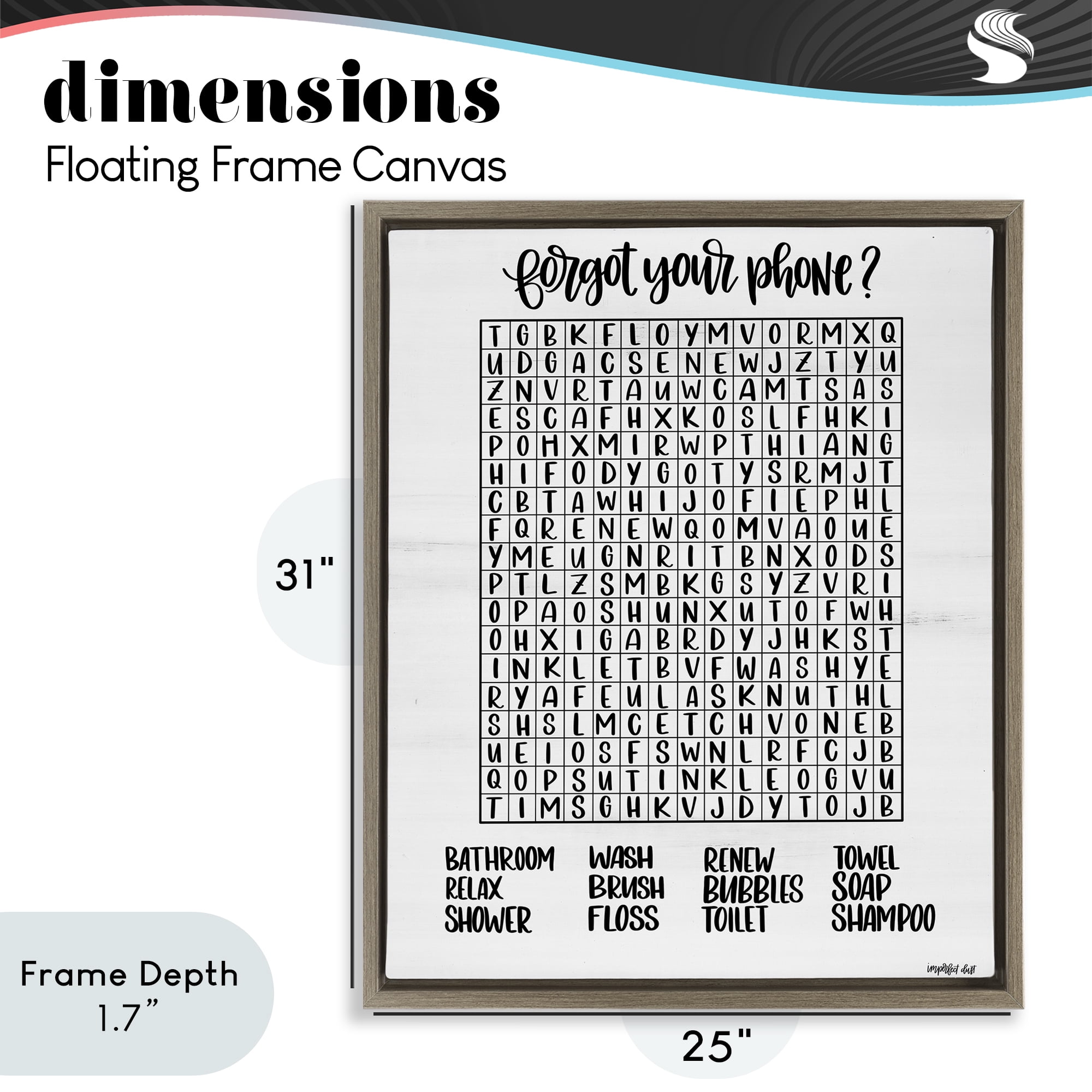Stupell Industries Forgot Phone Bathroom Wordsearch Brown Framed Floater Canvas Wall Art, design by Imperfect Dust