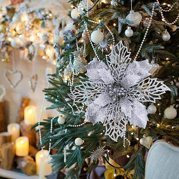 Xihbxyly Flores Navideñas, Adornos Brillantes, Adornos para Coronas Festivas, Elegantes Detalles para Árboles, para Uso En Interiores y Exteriores, Regalo Único, 12 Piezas con Clips