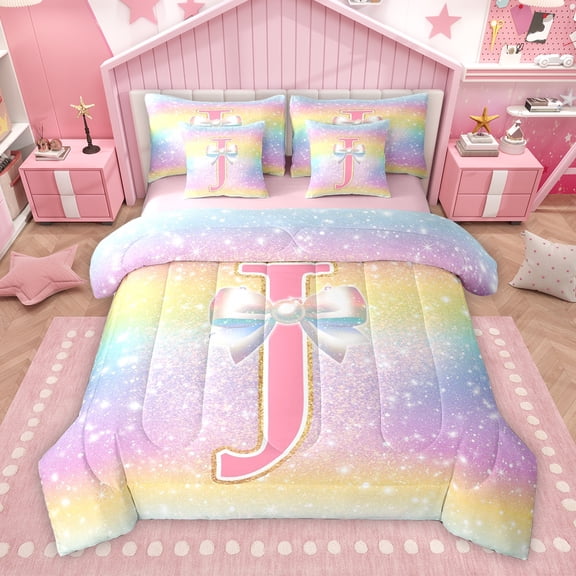 Homewish Ribbon Initial J Letter Twin Bedding Sets 7-Piece, Dreamy Cartoon Rainbow Bedding Comforter Set, Glitter Stars Print Reversible Sheet Sets, Super Cozy Room Decor