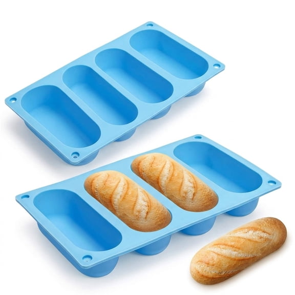 NOGIS Hot Dog Bun Pan - 2 Pack 4 Cavity Silicone Molds, Non-stick French Bread Pan, Baguette Baking Tray for Sandwich Bun Rolls