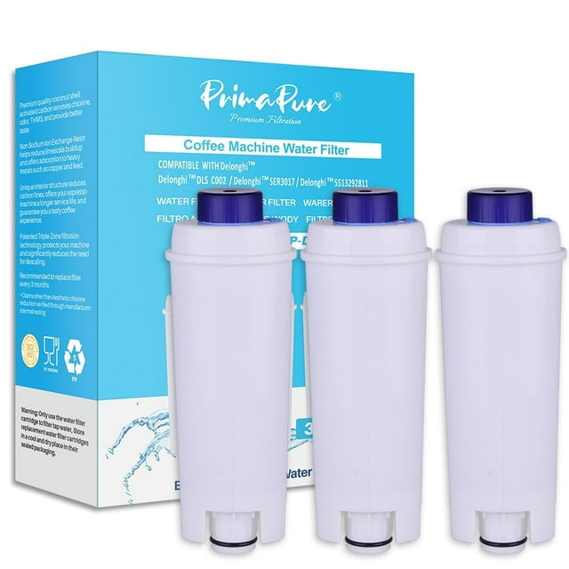 PrimaPure Paquete de 3 Filtros de Agua de Repuesto para Cafeteras Expreso para las Series DeLonghi DLSC002, SER3017, 5513292811, ESAM, ECAM y ETAM.