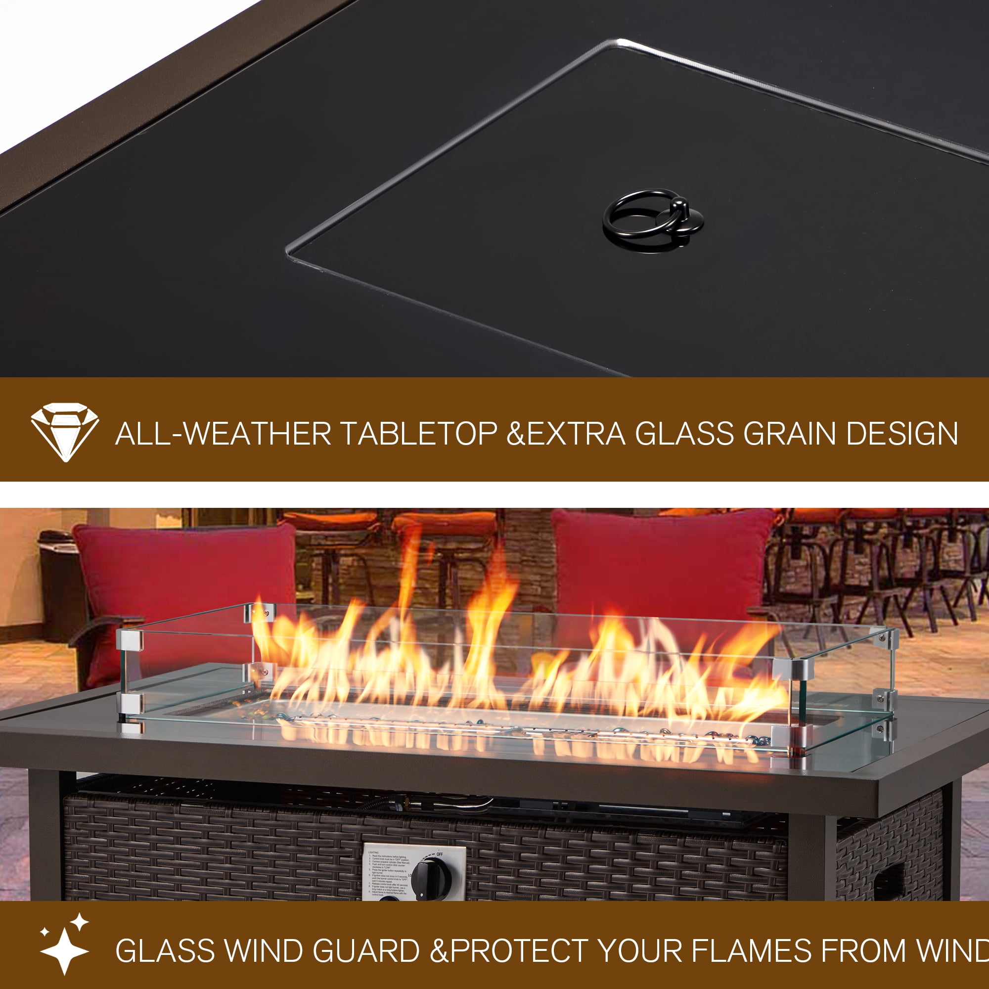 Homrest 44in Outdoor Propane Gas Fire Pit Table, 50,000 BTU with Glass Wind Guard, Brown PE Rattan